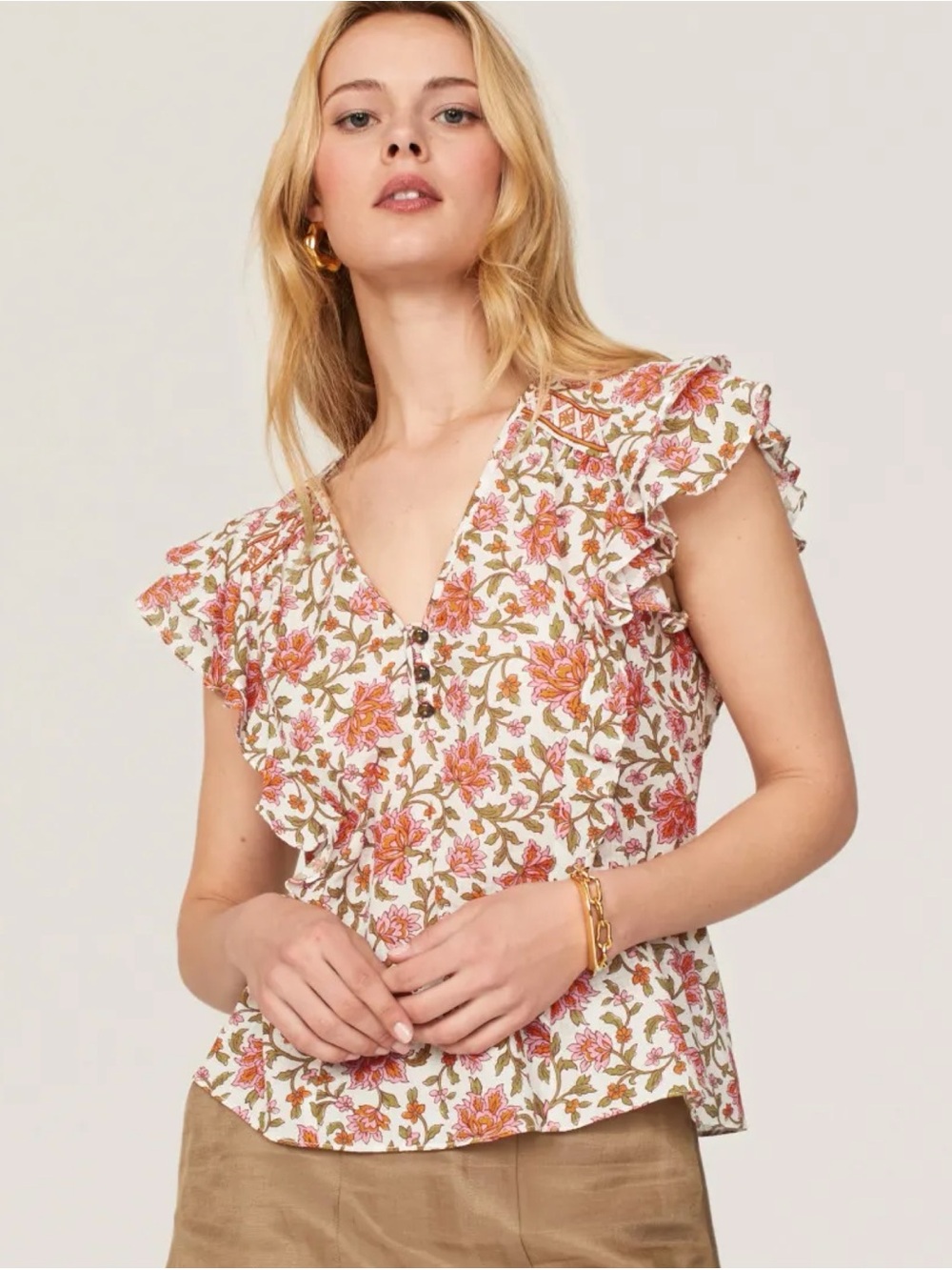 Veronica Beard Joi Top Size 16 NEW Off White Floral Flutter Sleeve Ruffle Blouse